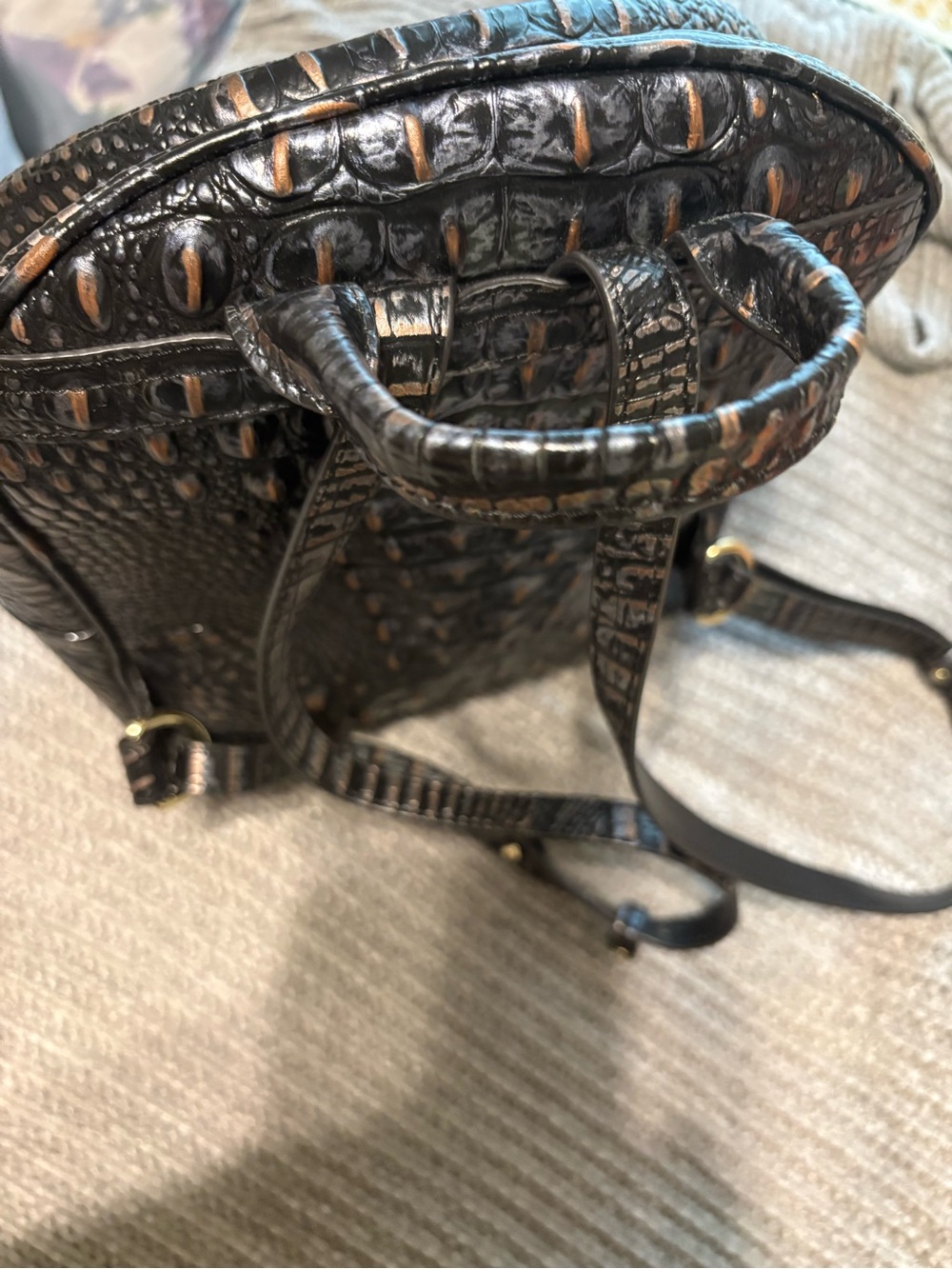 Brahmin Black and Brown Croc-Embossed Mini Backpack with Gold Plaque Accent - Picture 2 of 4